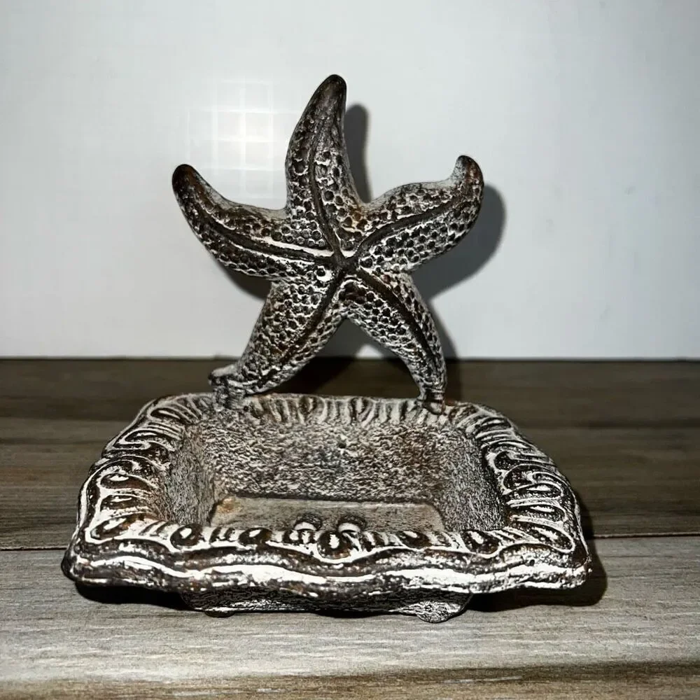 Cast Iron Soap Dish Antiqued White Star Fish Natical Decor Bathroom Kitchen Sink